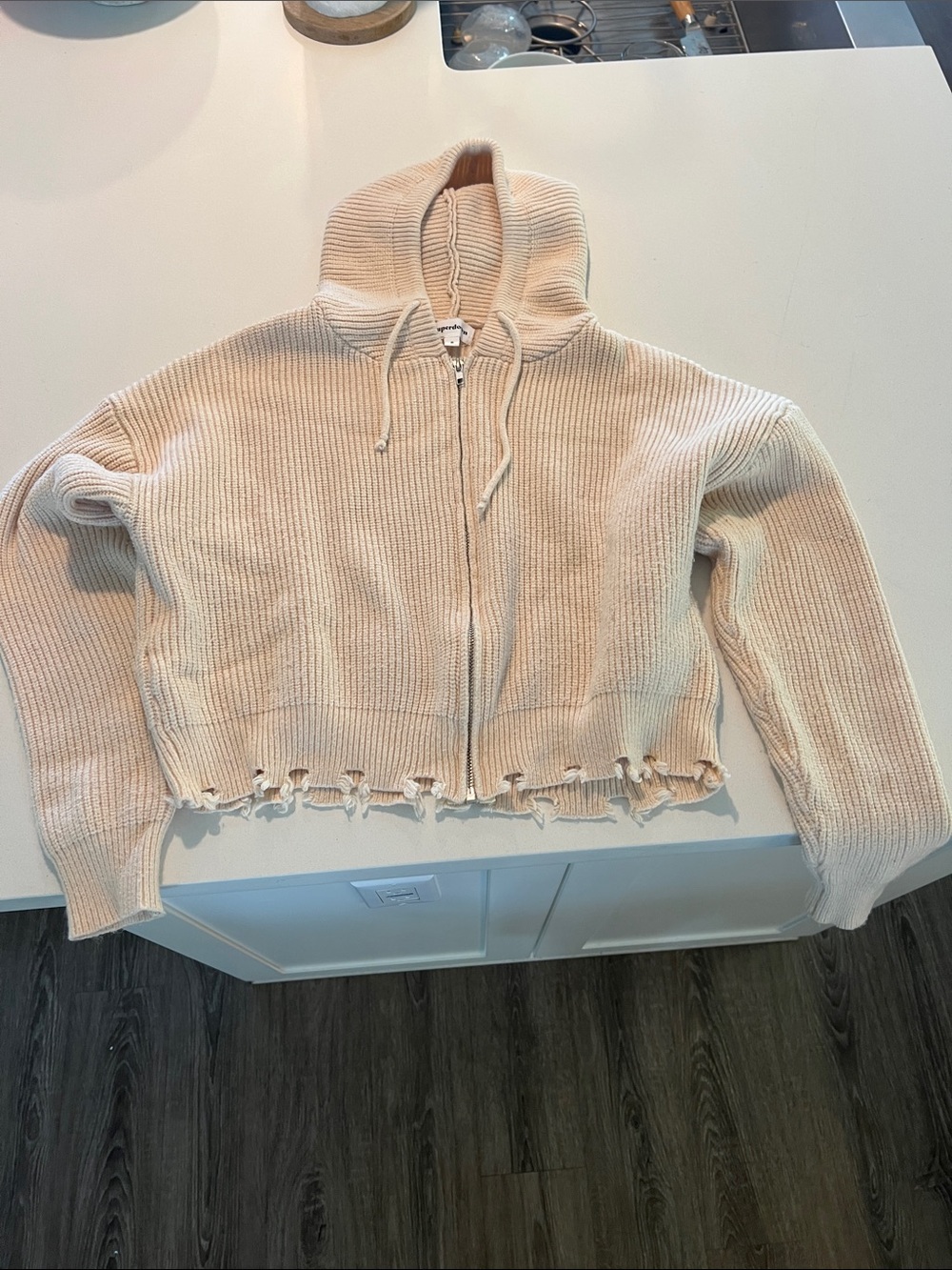 superdown Cream Ribbed Zip Hoodie